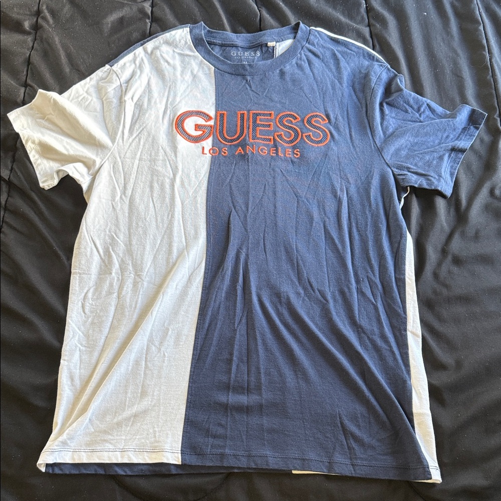 GUESS Men's Navy and White Tee with Orange Logo
